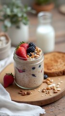 Overnight oats breakfast close-up in minimalist style in neutral natural hues representing healthy morning meal
