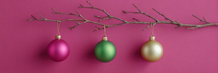 Minimalist photography of three futuristic Christmas ornaments hanging from a branch against a vibrant pink background, showcasing modern design and festive spirit