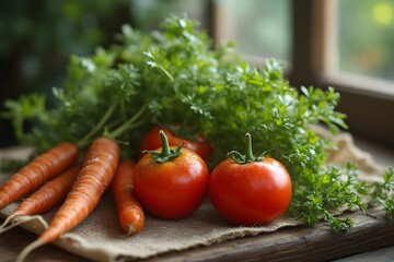Tomatoes, carrots, and parsley still life in rustic style in warm earthy tones representing organic cooking ingredients