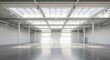 Empty white warehouse interior with skylights and concrete floor