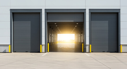 Three gray loading dock doors with one open to bright sunlight