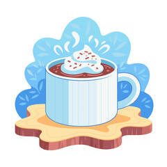 Hot chocolate with whipped cream in white mug vector on transparent background