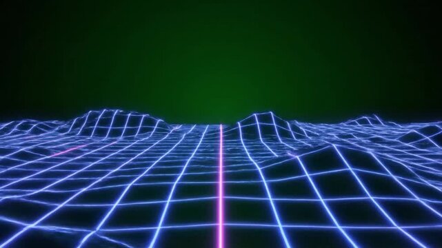 Dynamic glowing grid landscape animation with retro wave vibes, perfect for futuristic tech presentations or engaging digital art installations