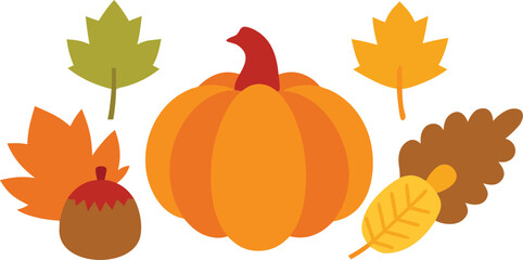 Festive thanksgiving elements bundle with turkey pumpkin and autumn leaves vector illustration