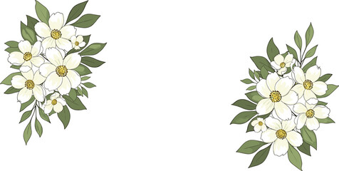 Naklejka premium Two Bouquets of White Flowers with Green Leaves on White Background Keywords: flowers, white flowers, green leaves, bouquet, floral, arrangement, botanical, nature, decoration, design element