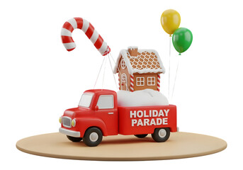 Cartoon red car with candy cane and house for christmas isolated on transparent background