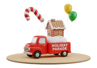 Cartoon red car with candy cane and house for christmas isolated on transparent background