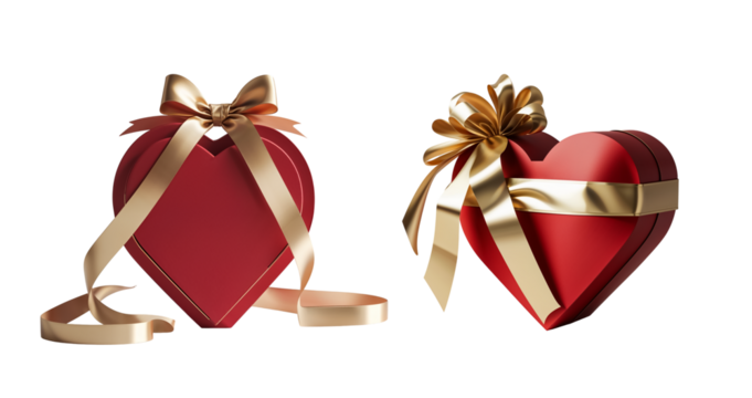 Heart-shaped  red  box with ribbon isolated on transparent background
