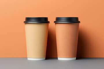 Two modern coffee cups on gray table and orange wall showcasing warm colors and sleek designs. orange backdrop creates welcoming atmosphere ideal for enjoying beverage