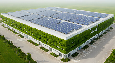 Modern building with green walls and solar panels architecture