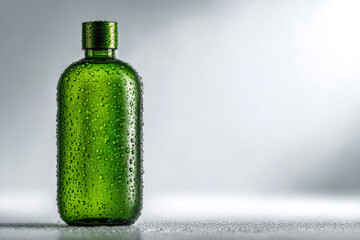 Green glass bottle with water droplets, standing on a reflective surface, illuminated by soft light, creating an elegant and fresh atmosphere for product display or branding purposes