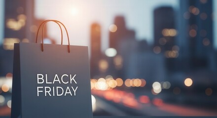 Black Friday shopping bag with city lights in the background  