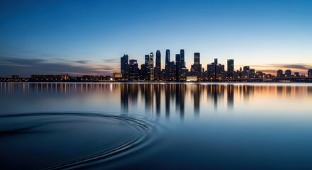 Obraz premium Sunset view of city skyline reflecting on calm water