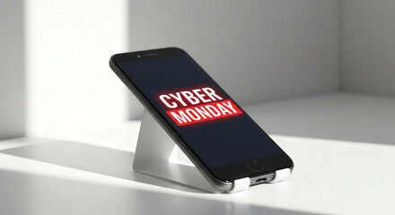 Smartphone displaying Cyber Monday sale on gray background  