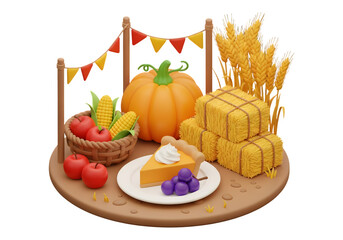 Festive autumn harvest celebration scene with pumpkin, pie, apples, corn, hay bales, and decorative elements creating a warm ambiance