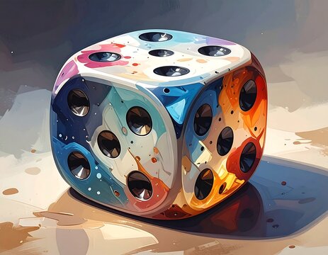 A colorful, artistic rendering of a six-sided die