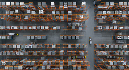 Aerial view of a vast warehouse with tall orange shelving units filled with boxes