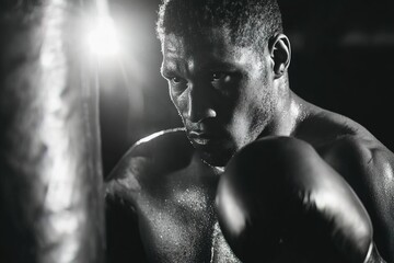 Close-up black and white photo man boxing with gloves punching bag, symbolizing discipline, power and focus. Perfect for sports campaigns, gym promotions and motivational visuals