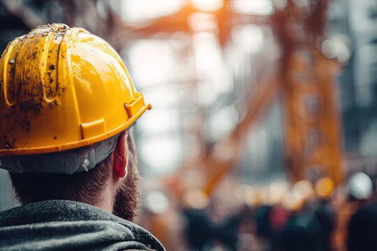 back view confident construction engineer in protective helmet at worksite with daylight illumination, ideal for business presentations, educational content and industrial advertising