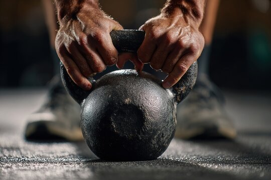 close-up of muscular hands clutching kettlebell handle, capturing focus, energy and intensity, suitable for health promotion, gym posters and personal training concepts