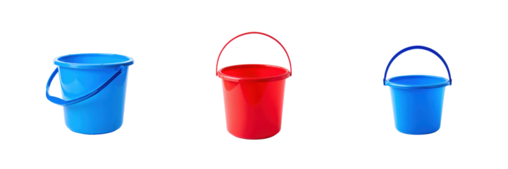 Three colorful plastic buckets on a transparent background isolated on transparent background