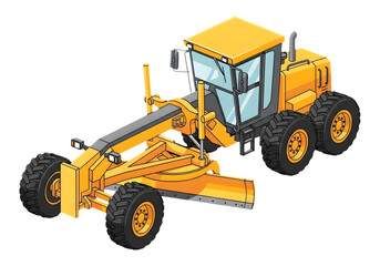 A detailed cartoon illustration of a yellow motor grader, a heavy equipment vehicle used for leveling ground in road construction and civil engineering projects