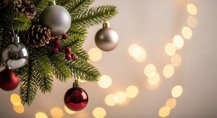 Christmas ornaments hanging on tree branches with soft bokeh lights  