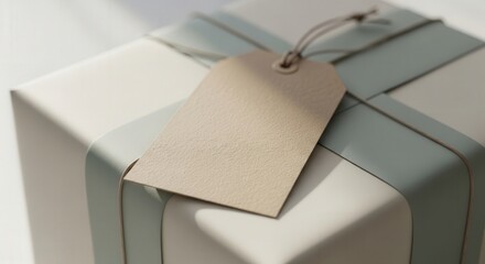 Gift box with green ribbon and blank tag on white background  