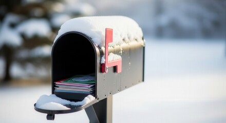 Classic mailbox with snow and letters in winter landscape  