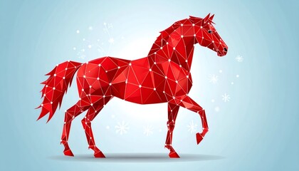 Red geometric low poly horse illustration with snowflakes