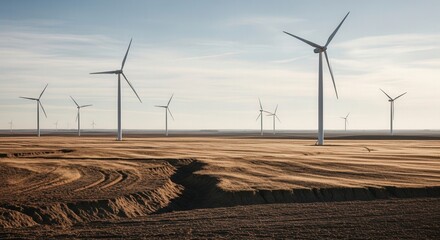 Wind turbines in a flat landscape under a clear sky  