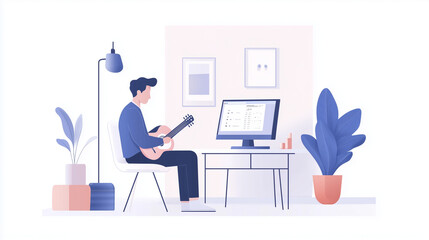 Online music lesson with teacher and student video call screen sharing flat design 