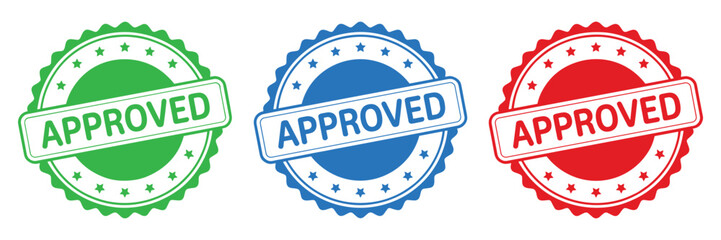 Three colorful vector approved seals green blue red scalable eps icons for approval confirmation and validation