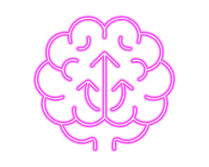 Neon pink brain with upward arrows representing thinking, growth, mindset, and innovation. Glowing mental health and intelligence icon for creativity and motivation. Bright modern design for tech