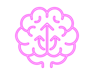 Neon pink brain with upward arrows representing thinking, growth, mindset, and innovation. Glowing mental health and intelligence icon for creativity and motivation. Bright modern design for tech