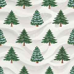 Seamless watercolor pattern with snow-covered fir trees. A cozy winter design, perfect for wrapping paper, greeting cards, fabric, and holiday decorations.