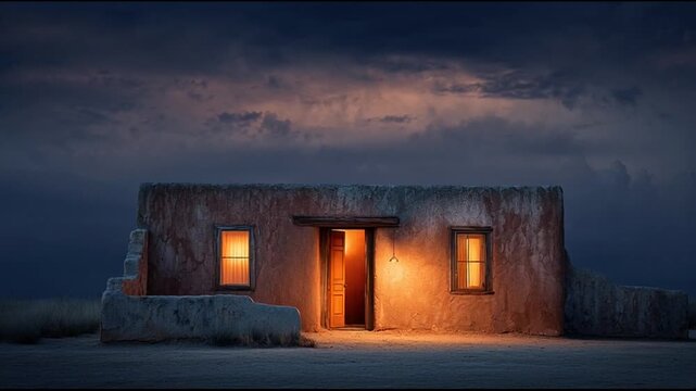 Empty Adobe House With Flickering Interior Light