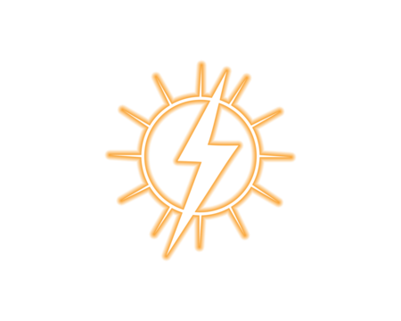 Neon yellow sun and lightning bolt energy icon for bold digital designs, crafts, and stickers. Glowing weather power symbol for planners, and creative layouts. Bright electric sunshine graphic 