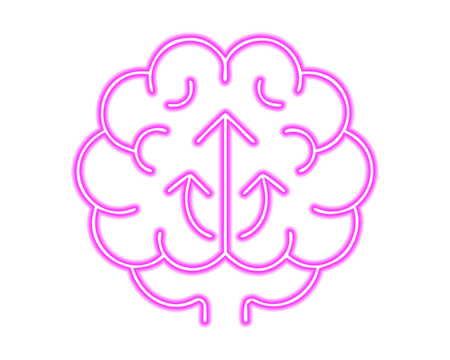 Neon pink brain with upward arrows representing thinking, growth, mindset, and innovation. Glowing mental health and intelligence icon for creativity and motivation. Bright modern design for tech