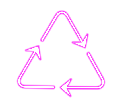 Glowing neon recycling symbol with three arrows in a continuous loop. Eco-friendly reuse and sustainability icon in bright pink. Modern environmental graphic for green projects and designs.