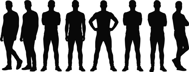 Human silhouettes, standing poses, walking motion, posture study, body language, lifestyle design, animation reference, ergonomics concept, psychology illustration, everyday figure