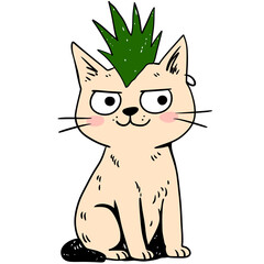 Cute cat character with green spiky hair illustration. Pet with smiling face and playful expression. Design element for kids print, book, sticker on transparent background.