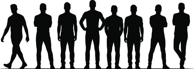 Male silhouettes, standing poses, walking motion, posture study, body language, lifestyle design, 