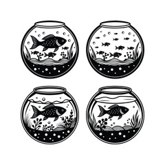 Black and white silhouette fish swimming round contains water