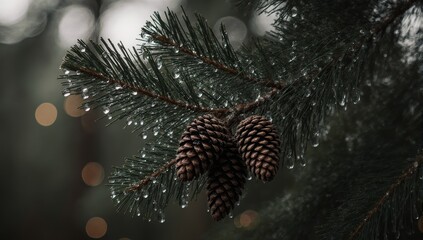 A beautiful branch of a coniferous tree with two pine cones covered in morning dew and blurry lights