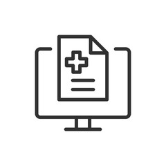 Medical report on monitor, linear icon. Health record and patient data. Line with editable stroke