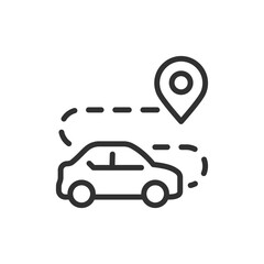 Car with route and location pin, linear icon. Vehicle navigation and GPS tracking. Line with editable stroke.