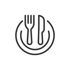 Fork, spoon and knife on a plate, linear icon. Full table setting for meal. Line with editable stroke
