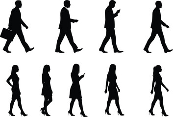Silhouettes of business people walking, male and female, briefcase, phone, professional attire, urban commute, office lifestyle, corporate illustration