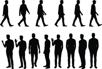 Silhouettes of man walking, standing poses, gesture variations, body language, posture study, animation reference, urban lifestyle, professional character design illustration